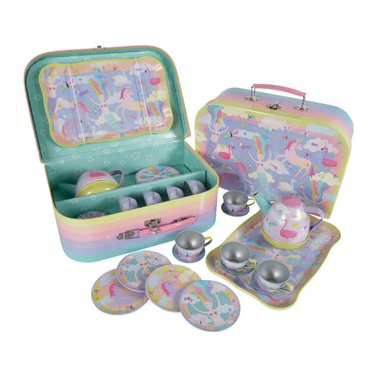 childrens toy tea set with unicorns, mermaids and flamingos