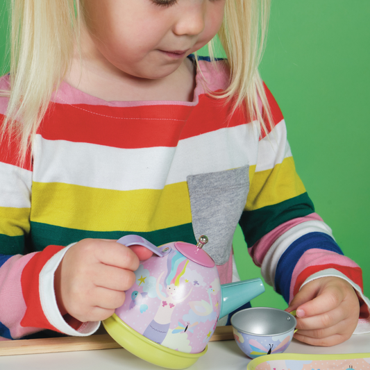childrens toy tea set with unicorns, mermaids and flamingos